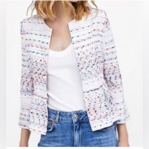 Zara White Open Front Peplum Blazer with Colorful and Metallic Thread - Size XS